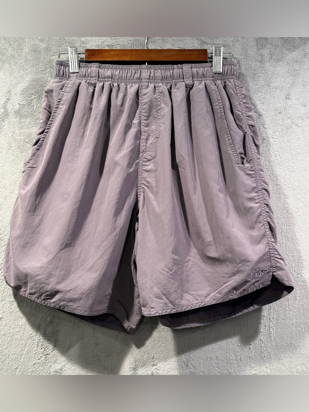AFTCO Swim Trunks Shorts Mens S Gray Purple Nylon Mesh Lined Drawstring Pockets